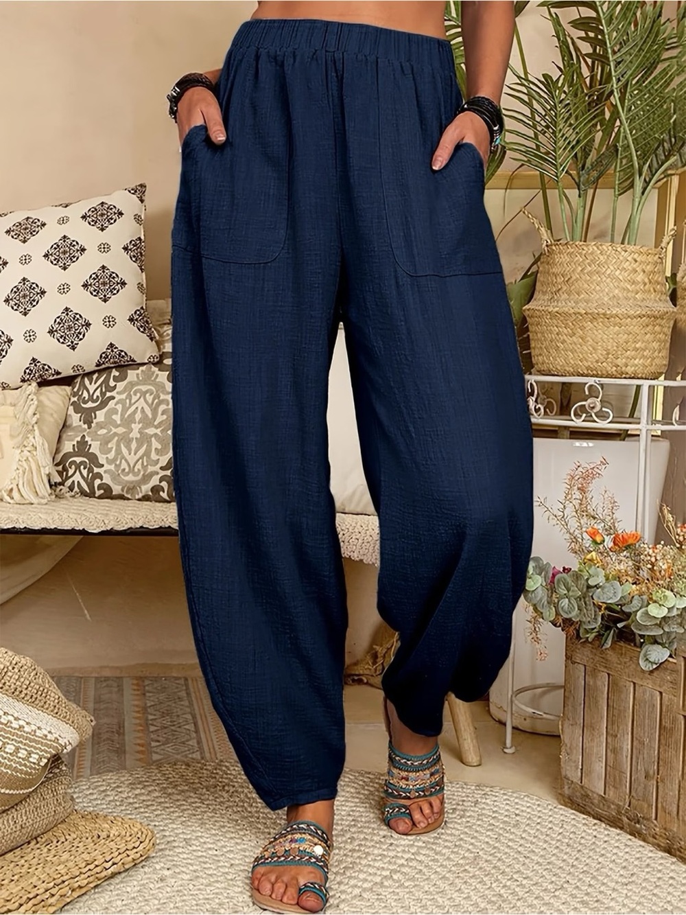 Women's Navy Harem Pants with Pockets - Picture 3 of 3